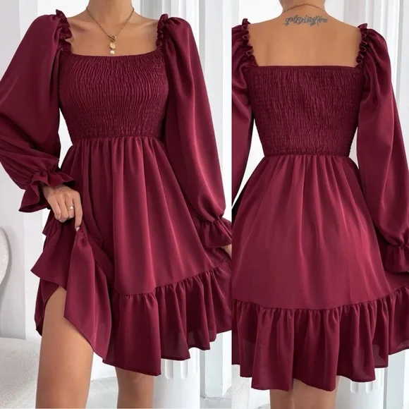 Shirred bust square neck long sleeve mini dress ruffle boho gypsy camel brown - Picture 10 of 11